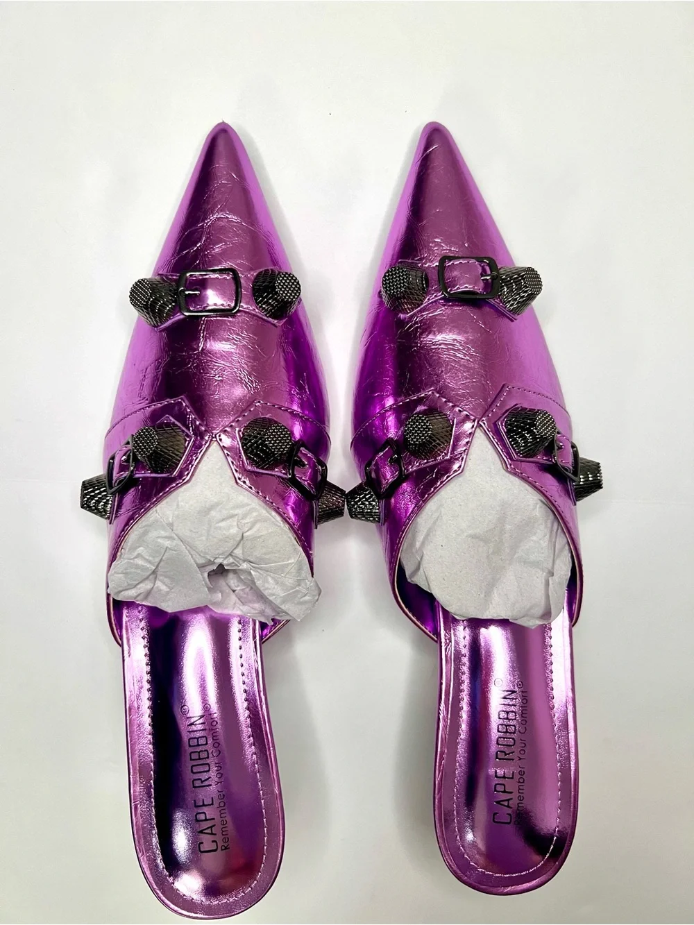 Metallic Embellished Purple Mules w/ Industrial Hardware Studded Metal Accents - Picture 8 of 13